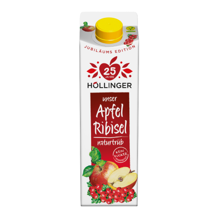 Höllinger Apfel-Ribiselsaft Tetrapak in weiß mit rotem Hintergrund der einen Apfel sowie Ribiseln zeigt.