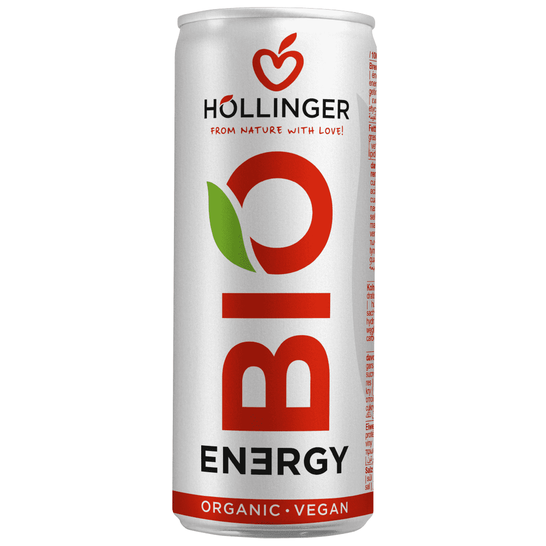 Höllinger Bio Energy Drink Dose in silber mit roter und schwarzer Schrift.
