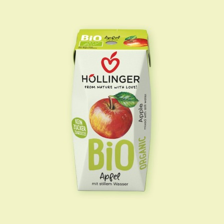 Höllinger Bio Apfel Schulsaft in der 200ml Packung auf der ein ganzer Apfel abgebildet ist.