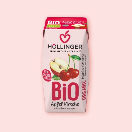 Höllinger Bio Apfel Kirsche Schulsaft in der 200ml Packung auf der ein aufgeschnittener Apfel sowie Kirschen zu sehen sind.