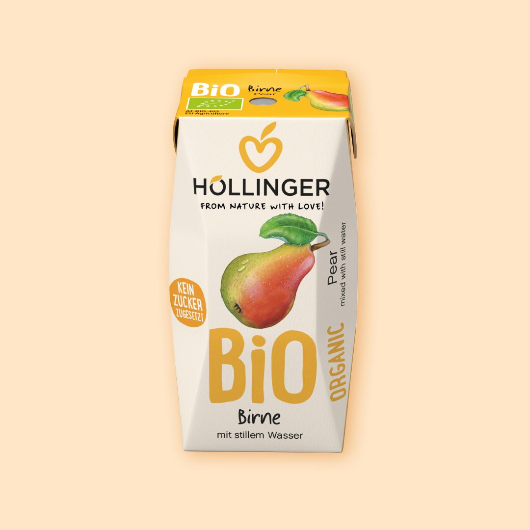 Höllinger Bio Birne Schulsaft in der 200ml Packung auf der eine grün-rote Birne abgebildet ist .