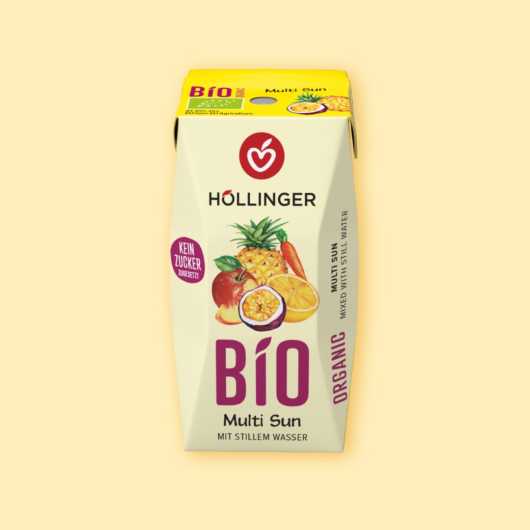 Höllinger Bio Multi Schulsaft in der 200ml Packung auf der die Multi-Früchte abgebildet sind.