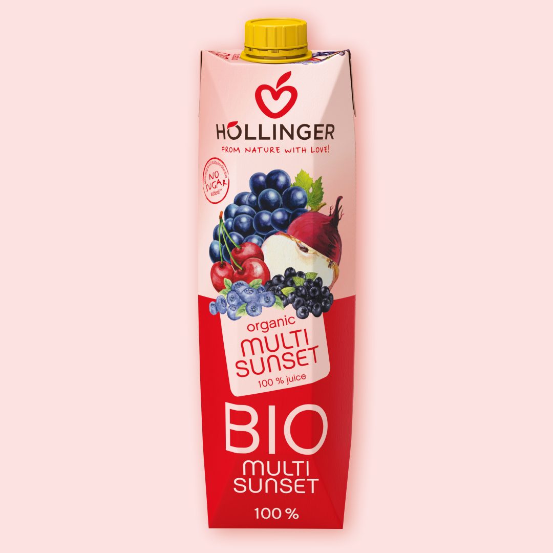 Höllinger Bio Multi Sunset Tetrapak auf der Früchte wie Äpfel, rote Trauben, Kirschen, Heidelbeeren und rote Beete abgebildet sind.