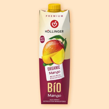 Höllinger Bio Mangonektar 1l Tetrapack in weinrot mit einer saftigen Mango, die in Scheiben geschnitten wurde.