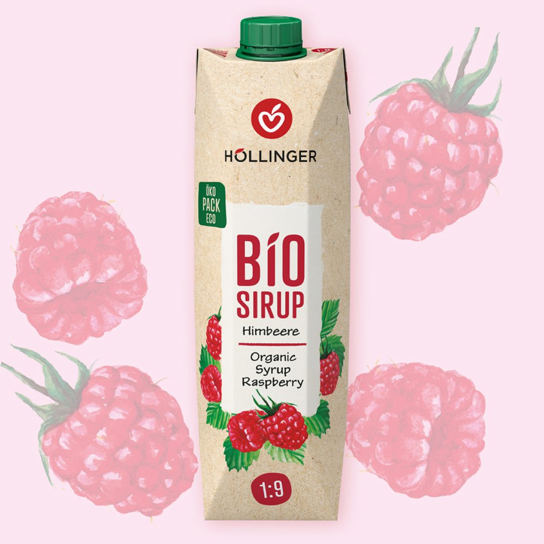 Höllinger Bio Sirup Himbeere in ökologischer Verpackung vor rosa Hintergrund mit Himbeerillustrationen