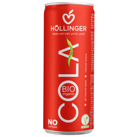 Höllinger Bio Cola Dose in rot mit weißer Schrift und einem grünen Blatt.