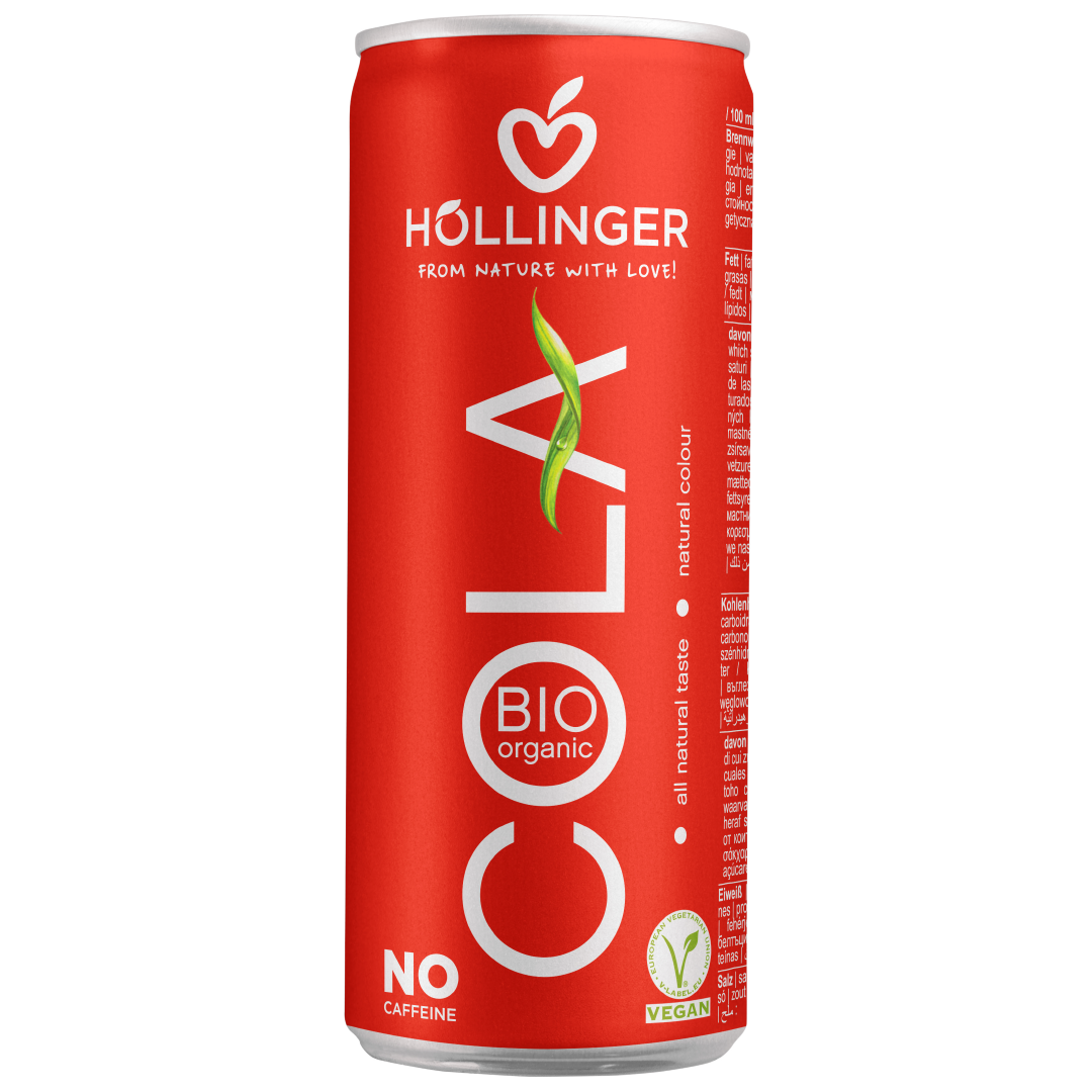 Höllinger Bio Cola Dose in rot mit weißer Schrift und einem grünen Blatt.