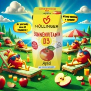 Hollinger Sonnenvitamin D3 Apfel Getränk, sonniges Outdoor-Szenario mit lächelnden Cartoon-Äpfeln auf Sonnenliegen