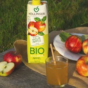 Hollinger Bio Wilder Apfel Saftpackung mit frischen Äpfeln und Apfelsaftglas auf Picknickdecke im Gras.