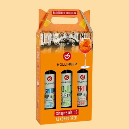 Höllingers Barkeepers-Selection alkoholfreie Sirup Geschenksbox in Aperol-orange mit einem flair von Italien