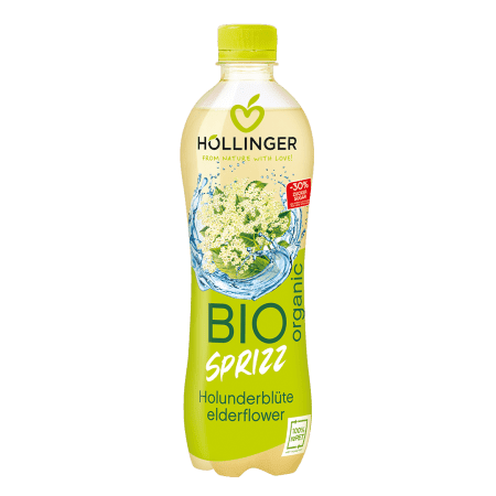 Höllinger Bio Sprizz Holunderblüte in grüner Flasche, Holunderblütengeschmack, organisch und mit 30% weniger Zucker.