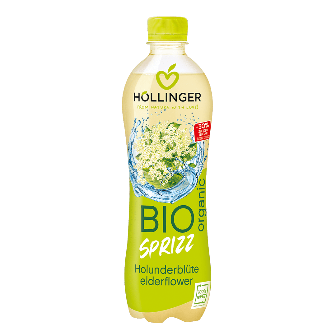 Höllinger Bio Sprizz Holunderblüte in grüner Flasche, Holunderblütengeschmack, organisch und mit 30% weniger Zucker.