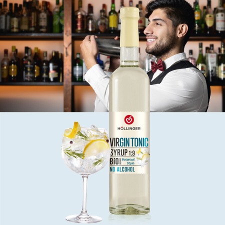 Höllinger Virgin Tonic Sirupflasche und Glas Gin Tonic vor einem Barkeeper in einer Bar.