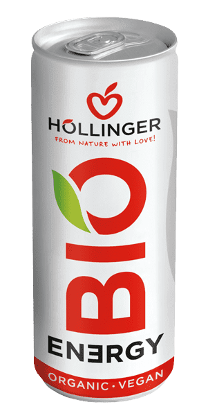 Höllinger Bio Energy Drink Dose in silber mit schwarzer und roter Schrift.