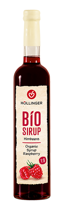 Höllingers Bio Himbeere Sirup in dunkelrot in einer 500ml Glasflasche mit einem Cremefarbenen Etikett und Deckel.