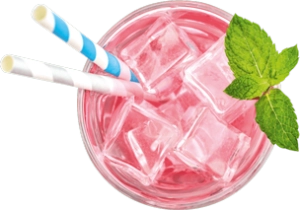 Rosa Getränk mit Eiswürfeln und zwei Trinkhalmen in silber und blau. Serviert mit einem frischen grünen Minzblatt